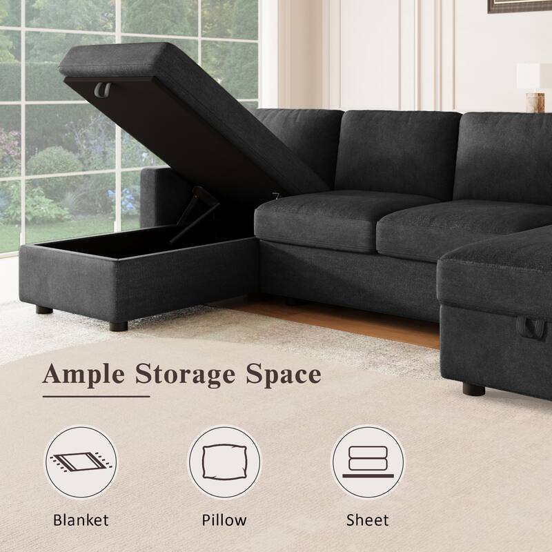 103.9" Sectional Sofa Convertible Sectional Sofa, U-shaped Sofa with Two Storage Chaise Lounges and Four USB Ports