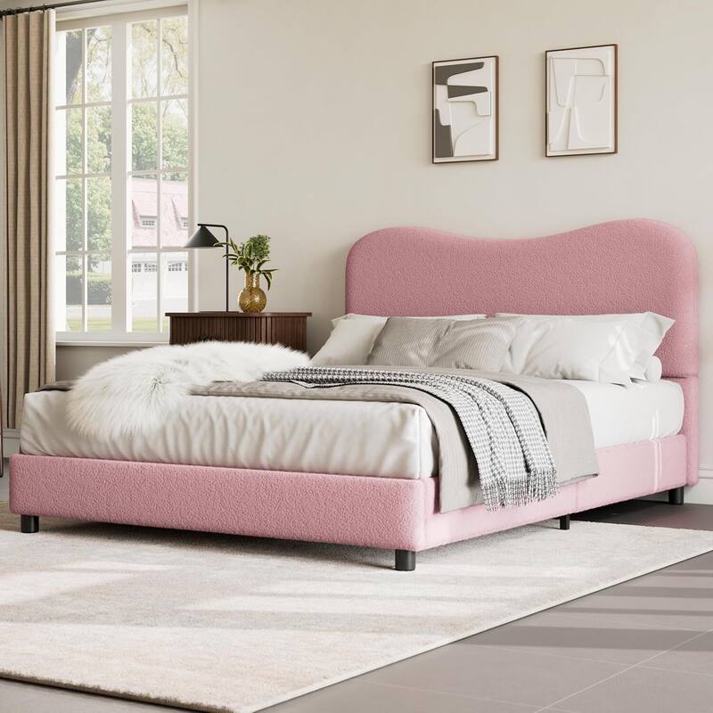 Upholstered Boucle Bed Frame with Headboard, No Box Spring Needed, Pink - Full