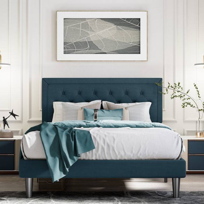 Linen Upholstered Adjustable Height Platform Bed with Button-Tufted Headboard - Blue - Full
