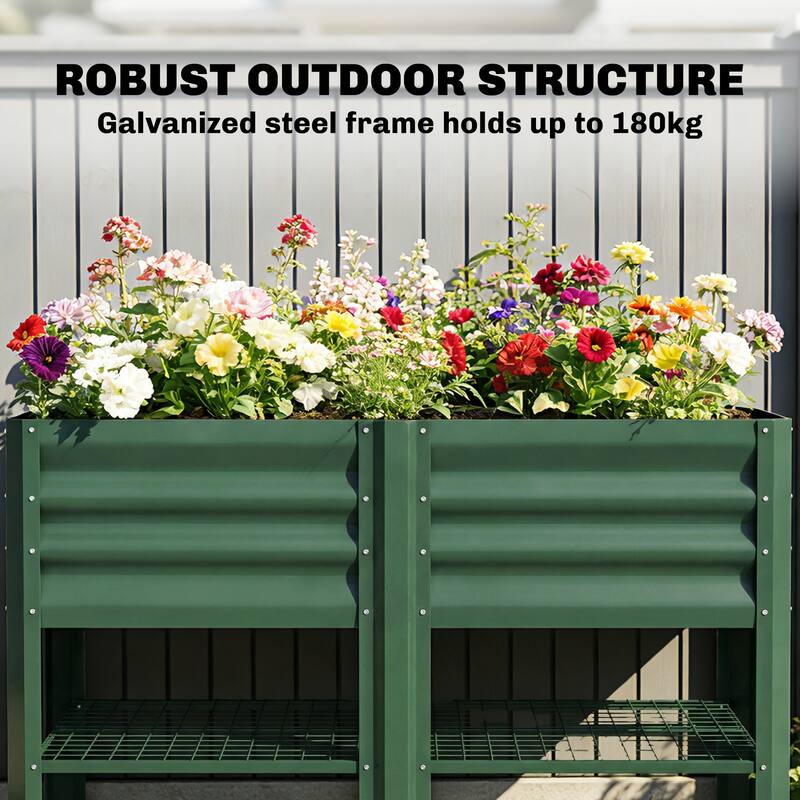 Outsunny Galvanized Steel Raised Garden Bed with Storage Shelf and Bed Liner, Elevated Planter Box with Legs