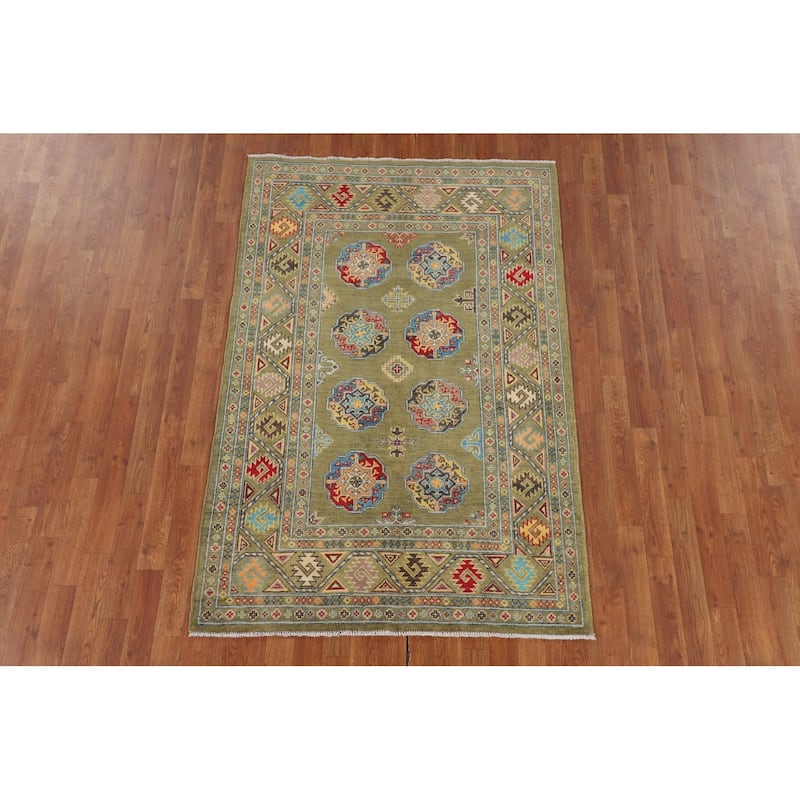 Geometric Kazak Oriental Area Rug Handmade Green Wool Carpet - 4'0" x 6'2"