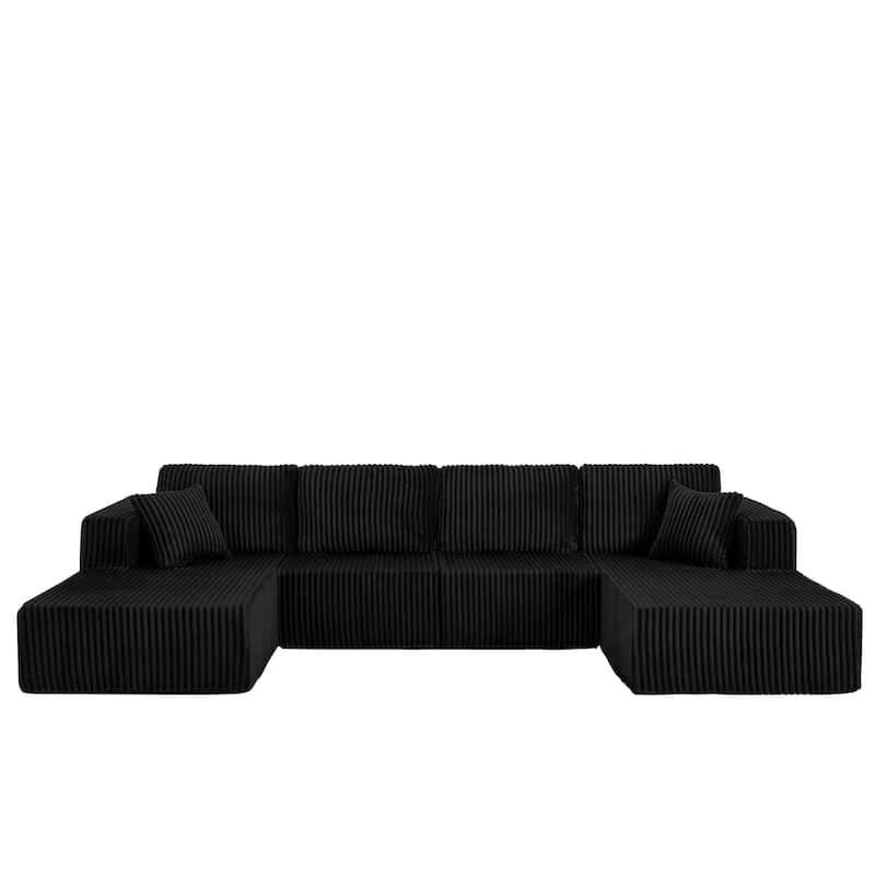 U-Shaped Modular Sectional Sofa with Dual Chaise Lounges, Oversized Corduroy Boneless Couch, Compressed Sofa with Pillows