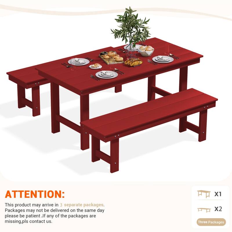 3-Piece HDPE Outdoor Dining Set with Umbrella Hole Table and Two 2-Person Benches