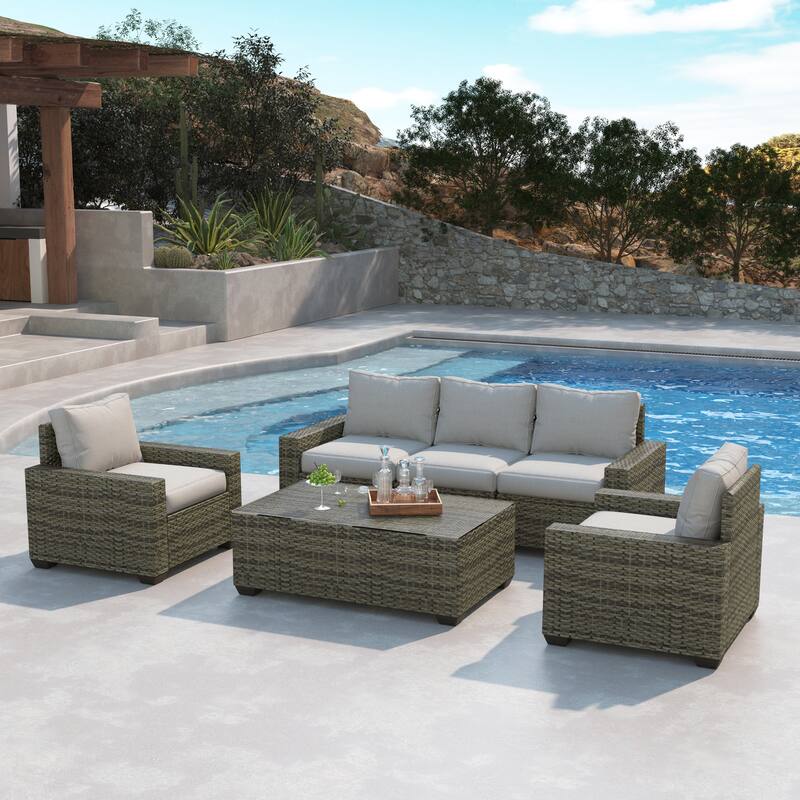 6 Pieces Patio Rattan Conversation Furniture Set with Coffee Table