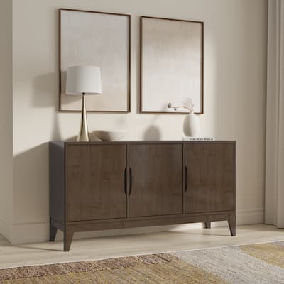 WYNDENHALL Pearson SOLID HARDWOOD 60 inch Wide Rectangle Modern 3 Door Sideboard Buffet / Storage Cabinet in Walnut Brown