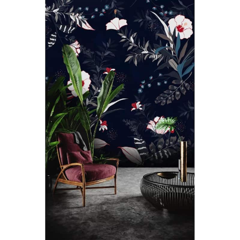 GK Wall Design Dark Floral Leaves White and Red Flowers Removable Wallpaper