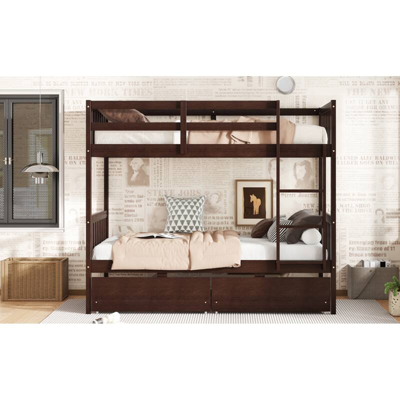 Roomfitters Twin Over Twin Rubber Wood Bunk Bed with Underbed Storage, Convertible to 2 Twin Beds, Ladder & Guardrails