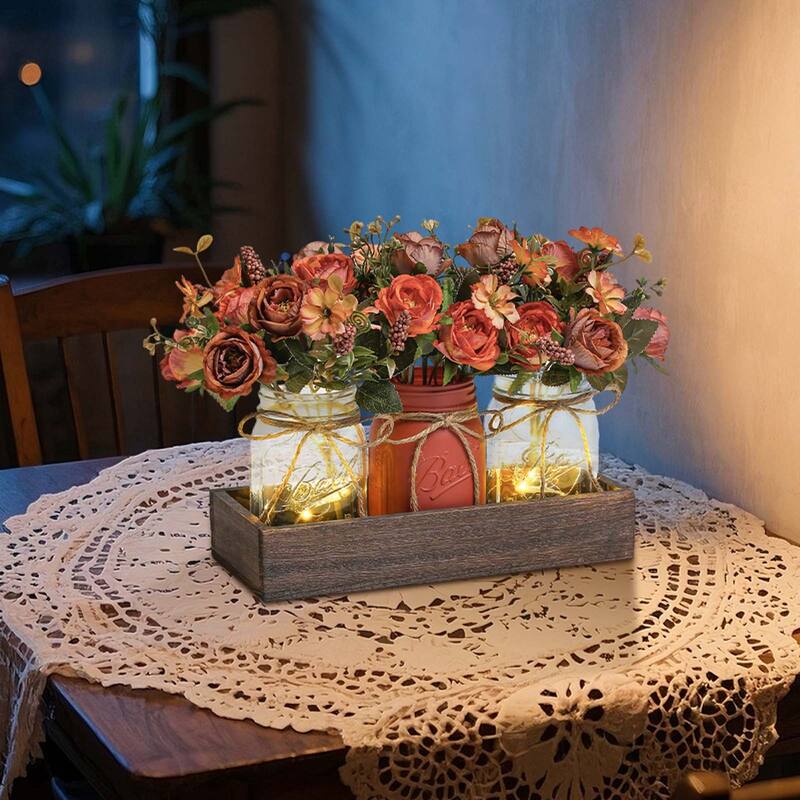 3 Pack Mason Jar Centerpiece with LED Lights & Wooden Tray, Farmhouse Floral Centerpieces for Dining Table, Coffee Table