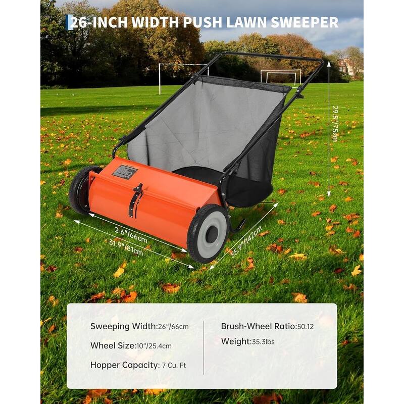 26 in Push Lawn Sweeper for All Terrains 7 cu. ft. Collection Bag 4 Brushes and Adjustable Height