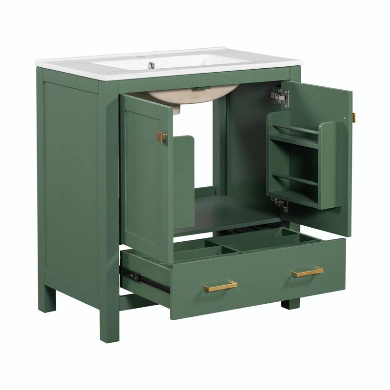 36"/30" Bathroom Vanity with Ceramic Sink, Soft-Close Doors, Double Storage Shelves & Divided Drawer