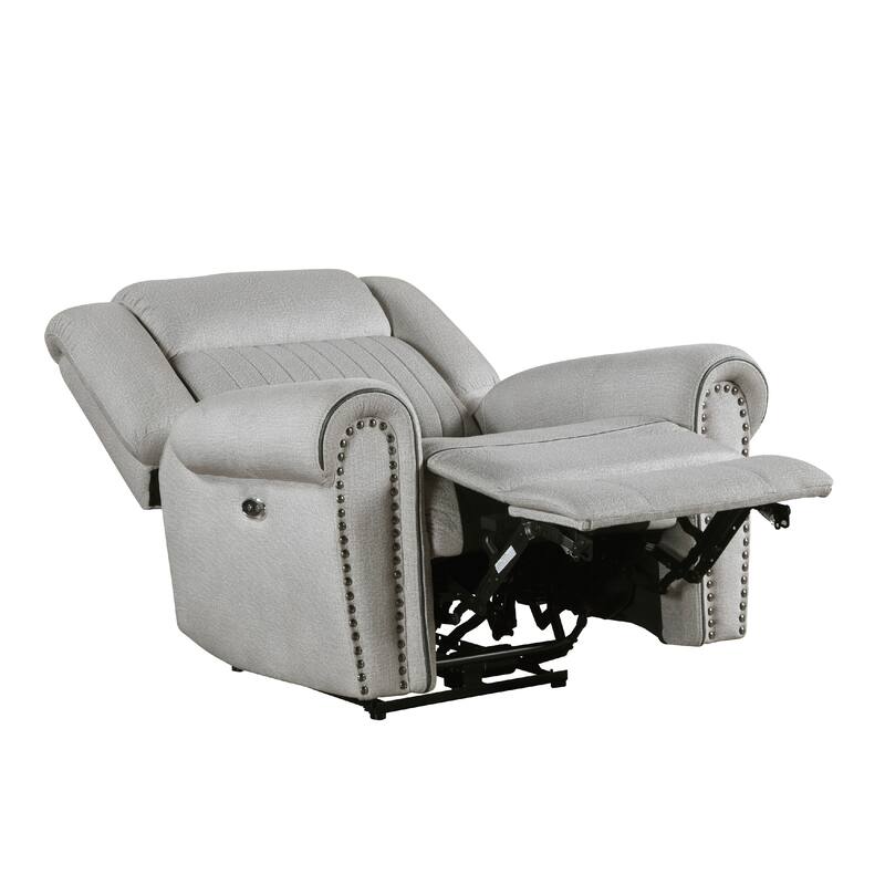 Ben Power Reclining Chair, 41 Inch, Gray Microfiber, Nailhead Trims