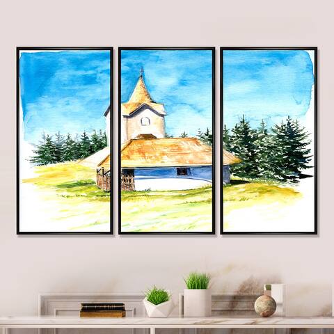 Designart "Little Village Church In The Pine Trees I" Mid-Century Modern Framed Artwork Set of 3 - 4 Colors of Frames