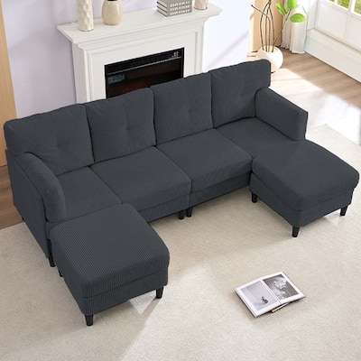 Mixoy Corduroy U-Shape Modular Convertible Sectional Sofa,Upholstered 4-Seater Sofa Couch with Movable Ottoman
