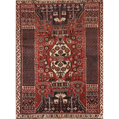 Tribal Shiraz Persian Vintage Area Rug Hand-Knotted Wool Carpet - 3'6"x 4'11"