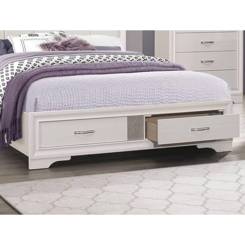 Queen Platform Bed with Drawers Storage, Upholstered Headboard, Silver Glitter Accent, White Finish