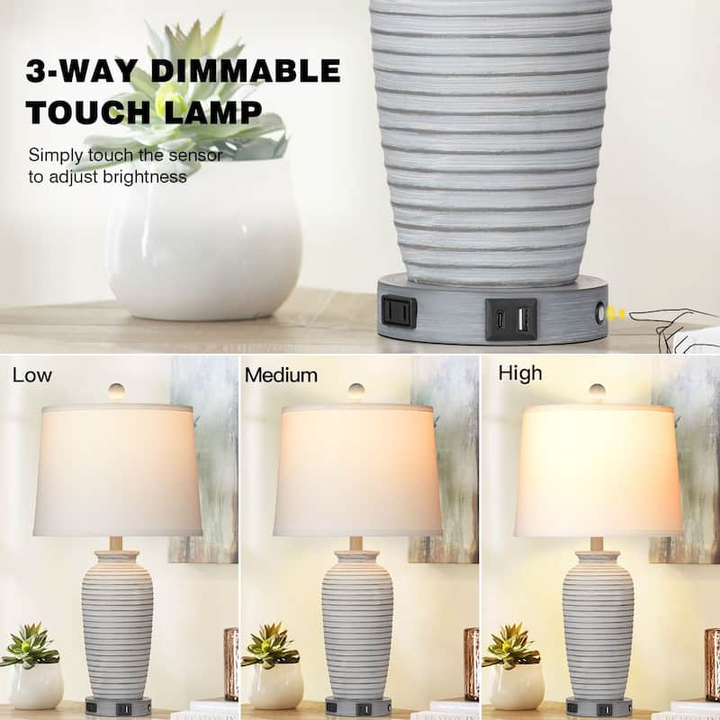 Set of 2 White Resin Table Lamps with 3-Way Dimmable Touch Control, USB/Type-C Ports, and AC Outlet - 13'' X 13'' X 25''