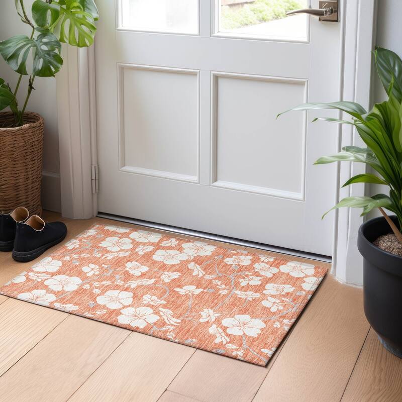 Machine Washable Indoor/ Outdoor Calm Floral Chantille Rug - Coral - 1'8" x 2'6"