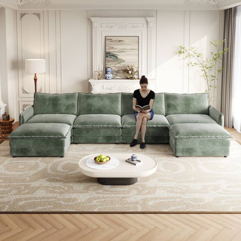 U Shaped Deep Seat Cloud Couch Oversized Corduroy Upholstered Modular Sectional Sofa Couch with 2 Movable Ottomans