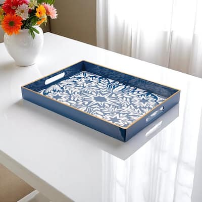 HomeRoots 16" Blue And White Geometric Star And Trees Serving Tray With Handles - 15.75 in. x 1.75 in. x 12 in.