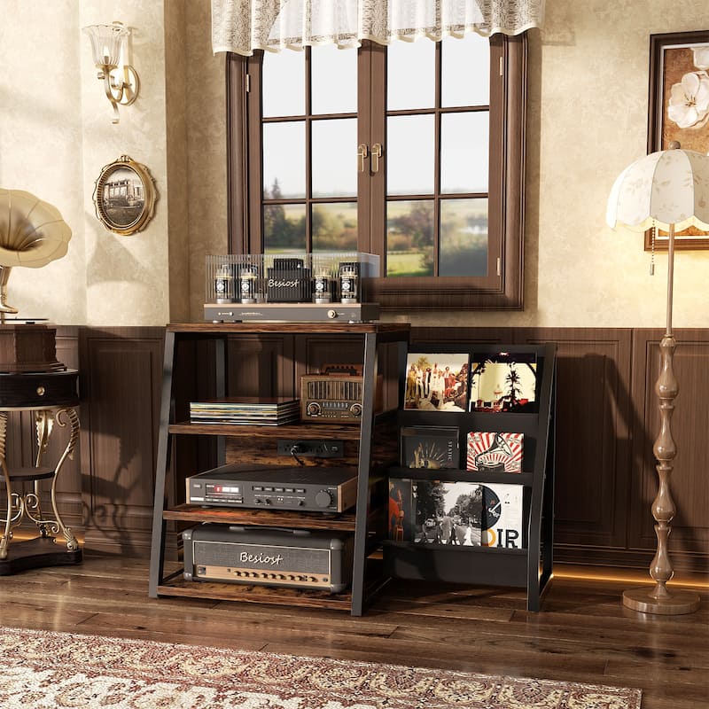4-Tier Record Player Stand with Vinyl Record Storage ＆ LED Light ＆ Charging Station, Record Player Table, Media Console