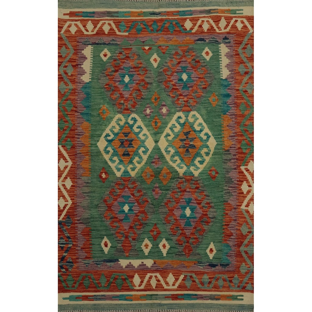 Hand Woven Oriental 100% Wool Carpet Southwestern Tribal Green Kilim Area Rug - 4' 9'' X 3' 6''