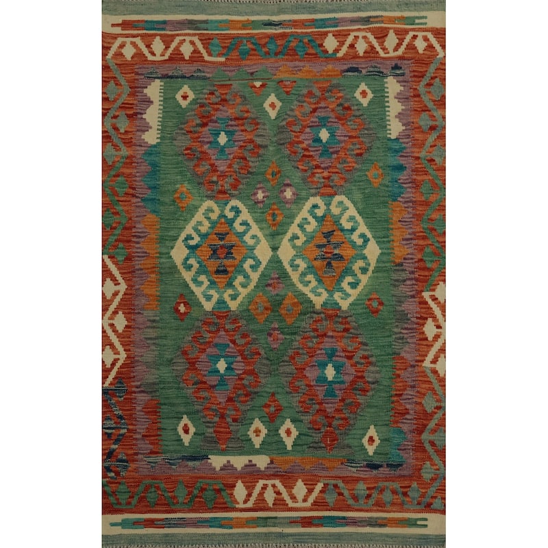 Hand Woven Oriental 100% Wool Carpet Southwestern Tribal Green Kilim Area Rug - 4' 9'' X 3' 6''