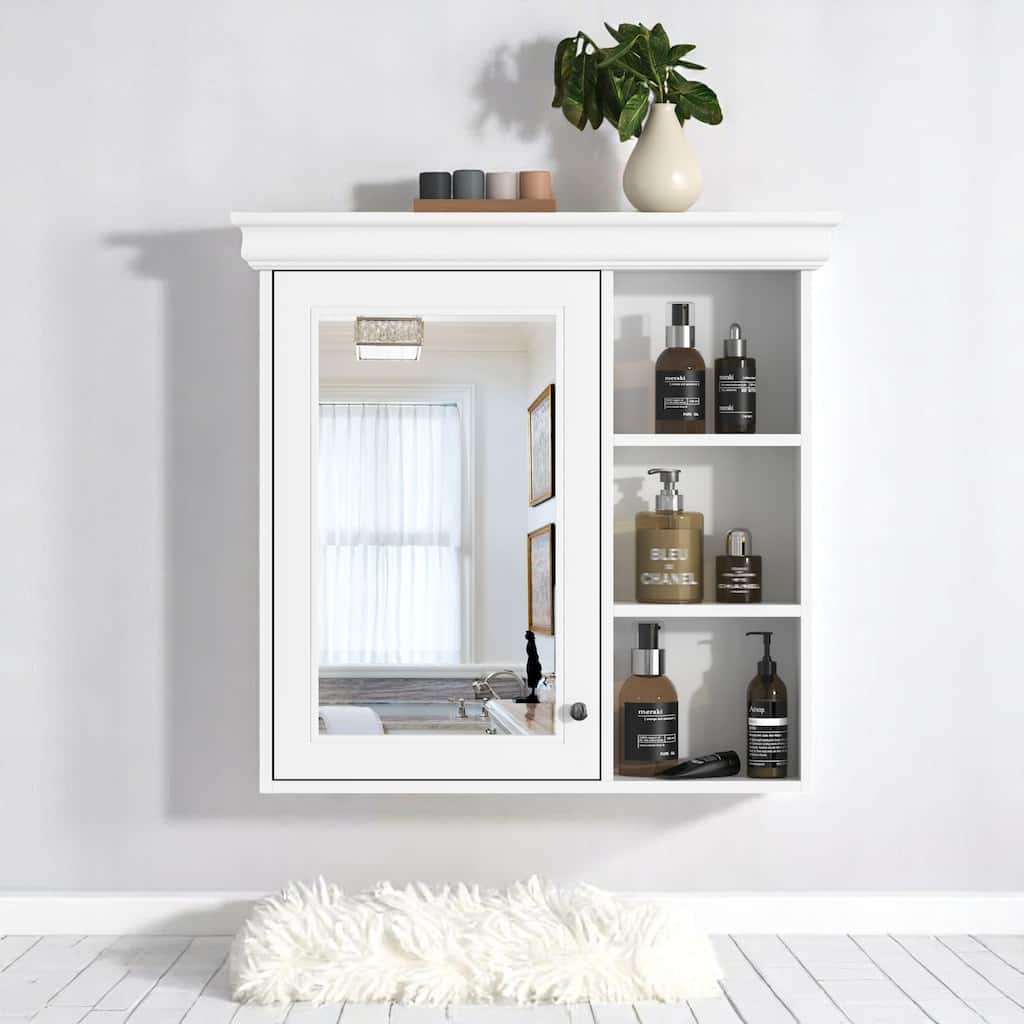 White 30" Bathroom Wall Cabinet with Mirror, Soft Closing Door, Adjustable Shelf, Over-the-Toilet Storage