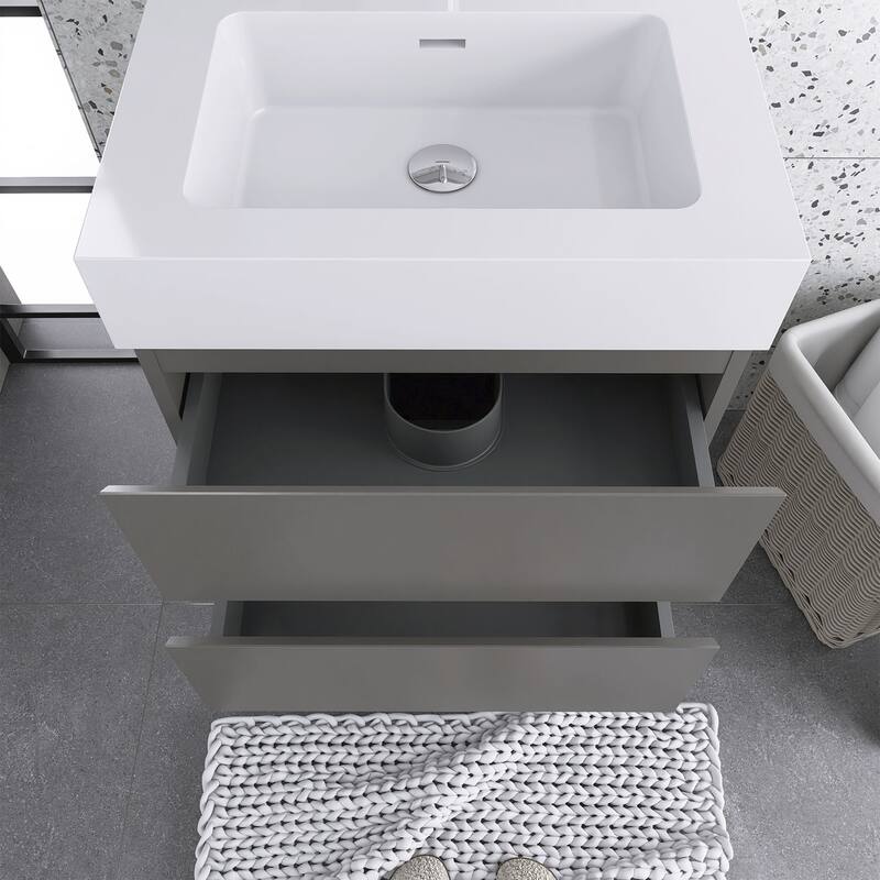 Wood Wall-Mounted Bathroom Vanity Set with White Integrated Resin Sink
