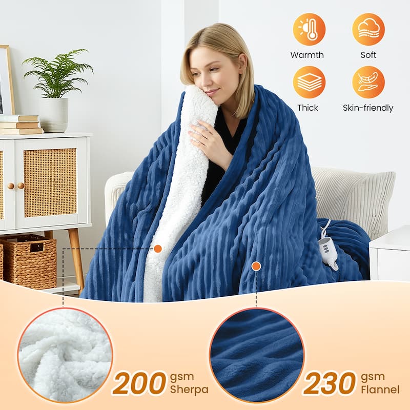 Reversible Flannel & Sherpa Electric Blanket, Heated Throw with Temperature and Timing Functions of a Controller