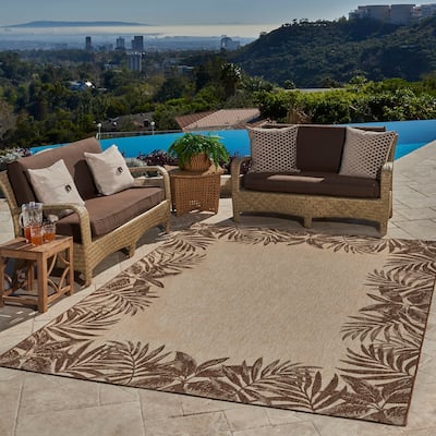 Gertmenian Paseo Tropic Sand Brown Casual Palm Boarder Flatweave Indoor/ Outdoor Area Rug