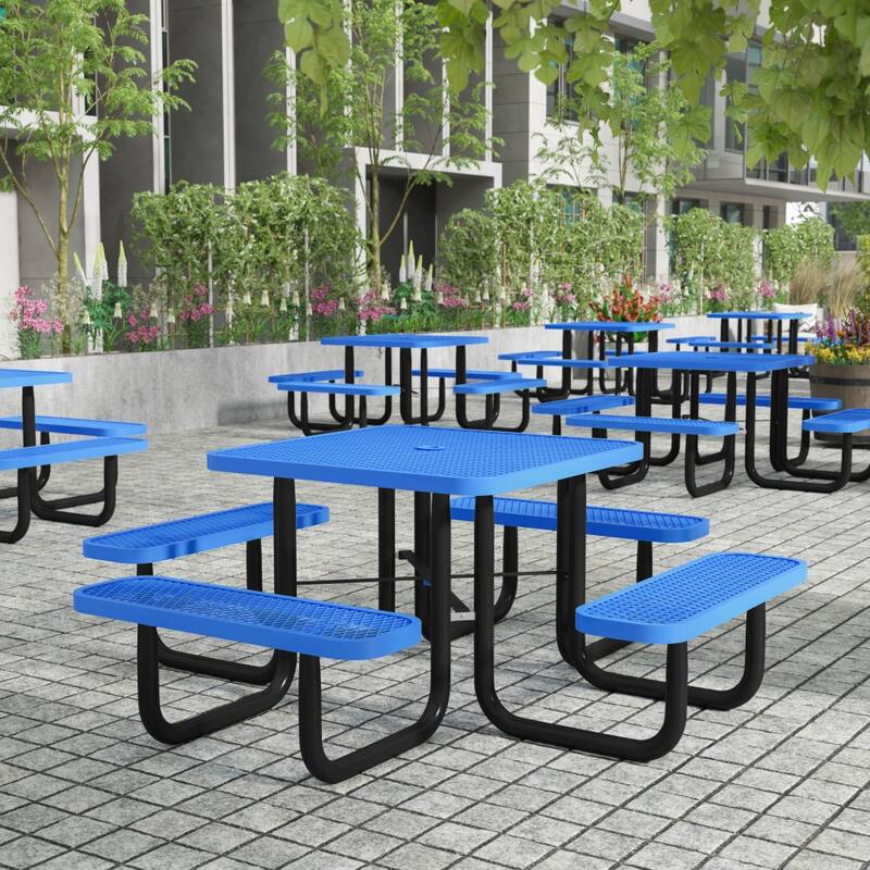 Commercial Grade Expanded Mesh Metal Outdoor Picnic Table with Anchors - 79.75"D x 79.75"W x 28.75"H - Blue