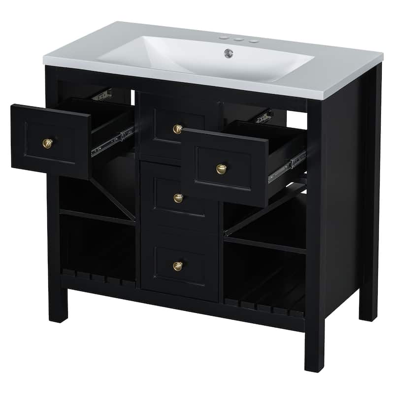 36" Bathroom Vanity with Resin Sink, 5 Drawers, Soft-Closing Doors, and Ample Storage - Freestanding Cabinet in Blue