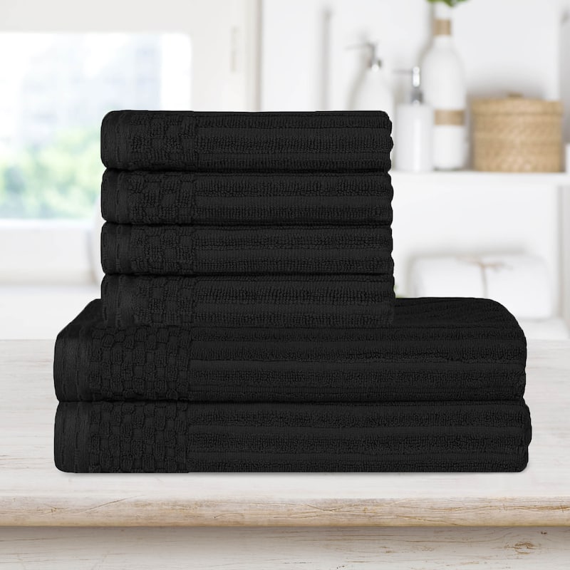 Superior Ribbed Cotton Absorbent Heavyweight Hand Towel and Bath Towel Set - Black