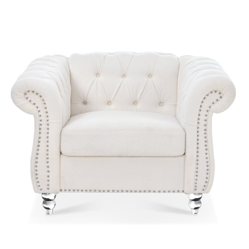 White Teddy Modern 38.98" Upholstered Buttons Tufted Accent Chair with Gourd Shaped Birch Legs and Nailheads