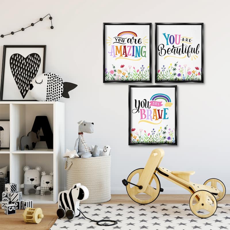 Stupell Confidence Sentiments with Florals Framed Floater Canvas Wall Art Design By Kim Allen (Set of 3)