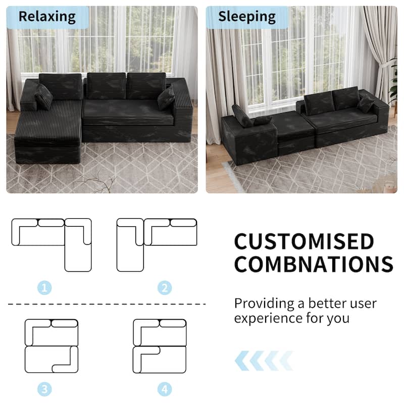 Black 108" Boneless Cloud Couch, Modular L-Shaped Sectional Sofa