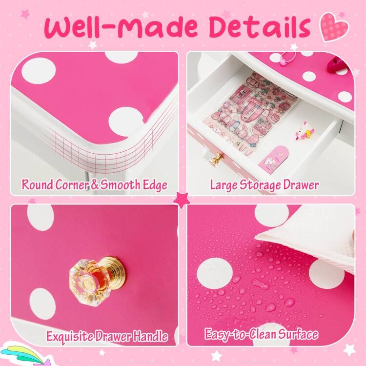 Kids Vanity Table and Stool Set with Cute Polka Dot Print-Pink - N/A
