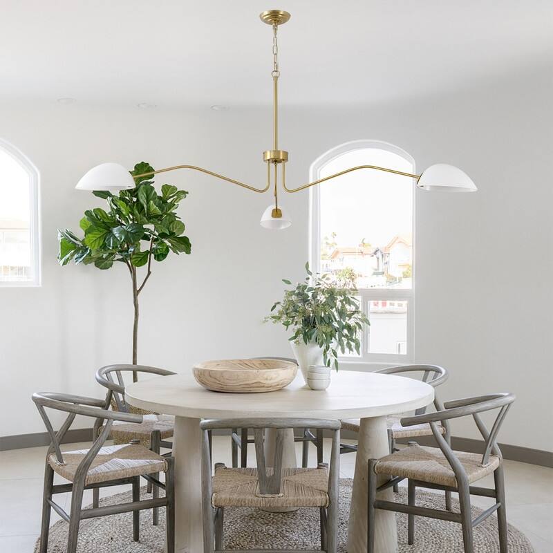 Mid Century Modern Chandelier, 3 Light Gold Chandelier with Milk White Glass Shade - 3 Light-65.5*32.48in