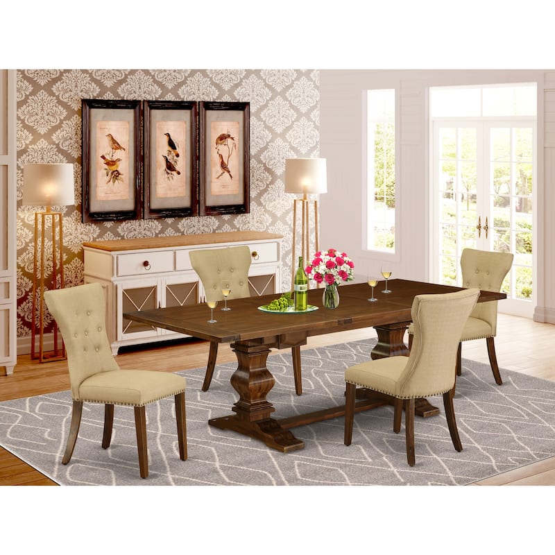 7-Piece Dining Room Set - Antique Walnut Table & Linen Fabric Chairs - 92
