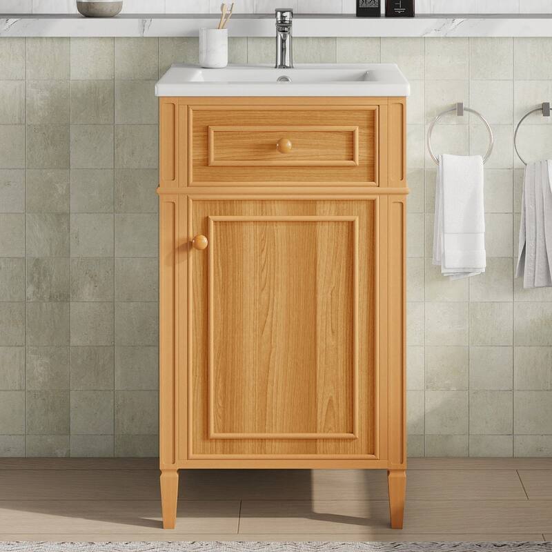 Roomfitters 20" Bathroom Vanity with Sink, Solid Pinewood Frame & Legs, Tilt-Out Drawer, Soft-Close Door with Racks - Wood