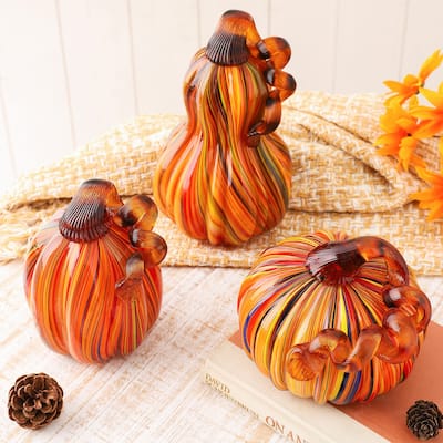 Glitzhome Multi Striped Fall Harvest Glass Pumpkins Halloween Thanksgiving Festival Decorations