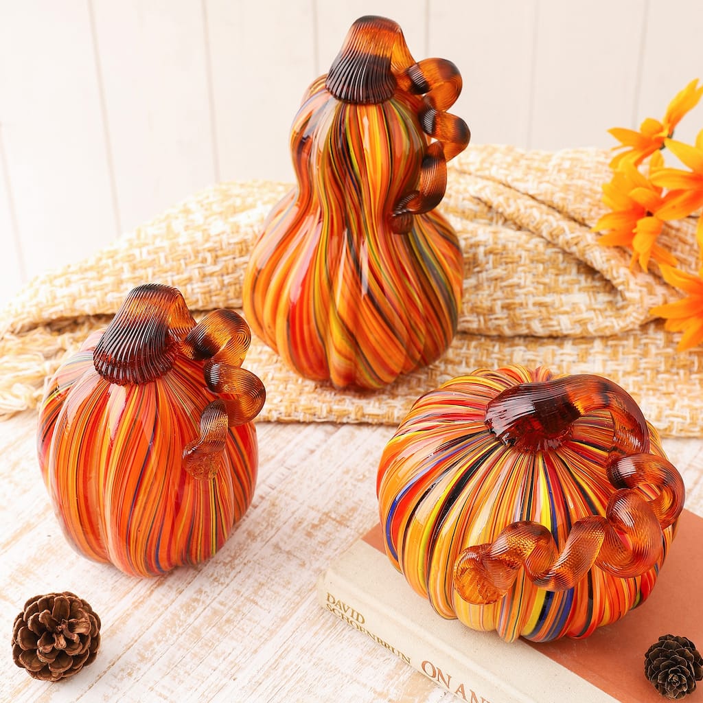 Glitzhome Multi Striped Fall Harvest Glass Pumpkins Halloween Thanksgiving Festival Decorations