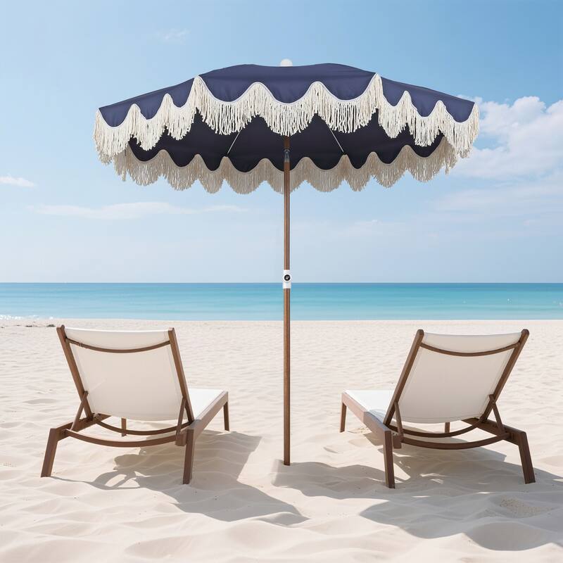 Mariner 6.5ft Classic Fringe Umbrella w/ Tilt & Bag - Navy, Dark Brown Pole
