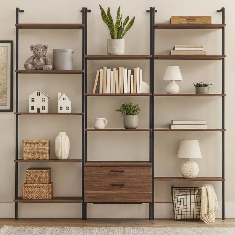 Wens 3pc Wall Mounted Bookcase Set, Shelves, 2 Drawers, Walnut Brown