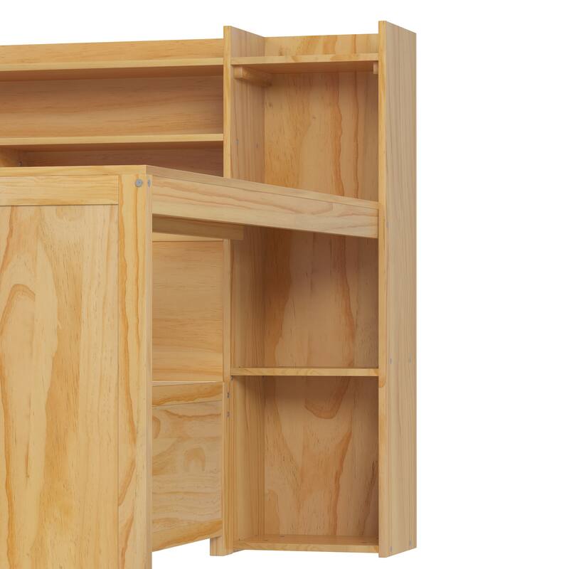 Multi-functional Wooden Daybed with Storage, Twin Trundle, and Study Desk in Natural Finish