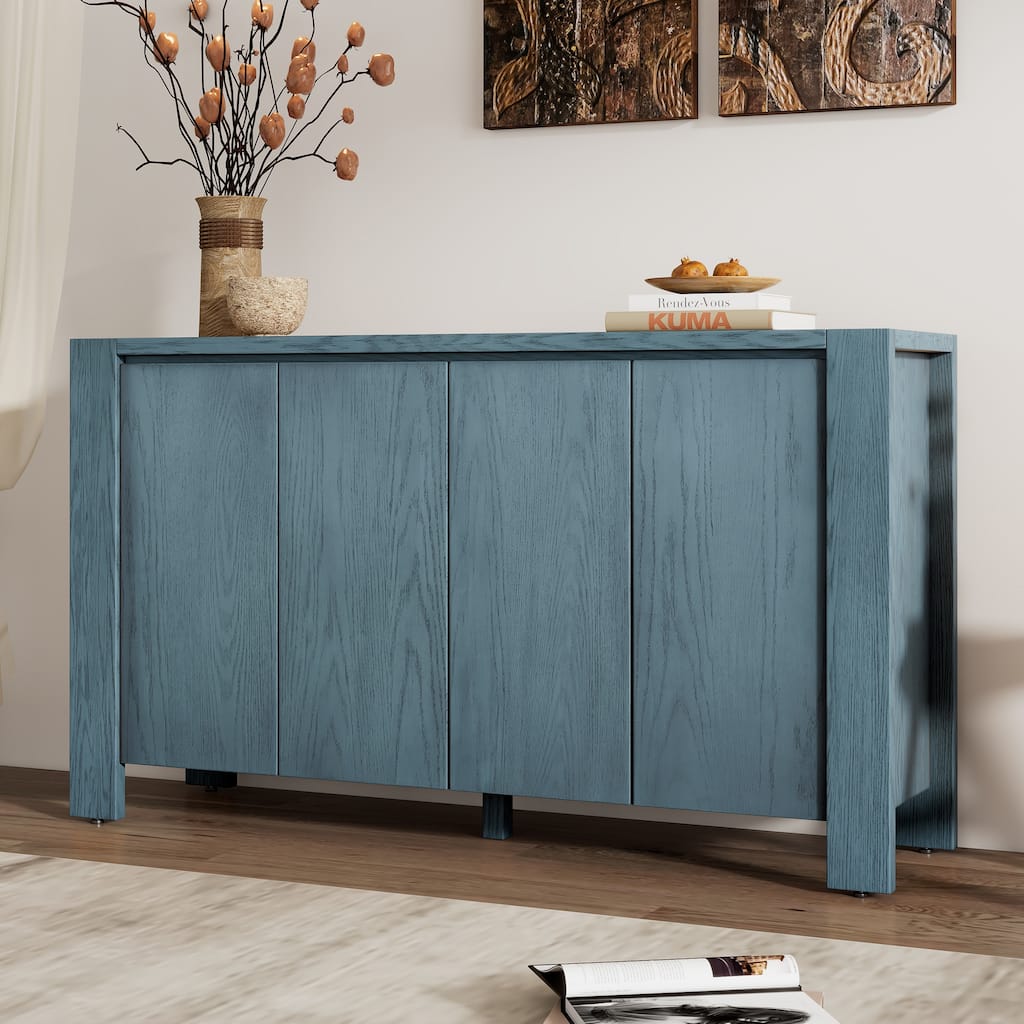 Buffet Cabinet with Storage, 4-Door Retro Wood Sideboard with Distressed Finish and Adjustable Shelves
