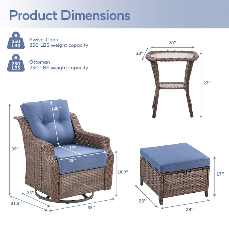 3 Pieces Swivel Chairs Ottomans with Table - Blue Cushion - Brown