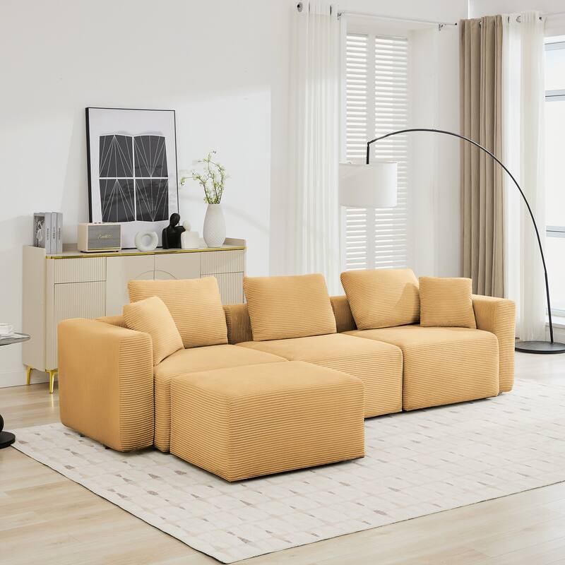 Corduroy Sectional Modular Sofa with Square Arms & Ottoman Extension for Flexible Arrangements
