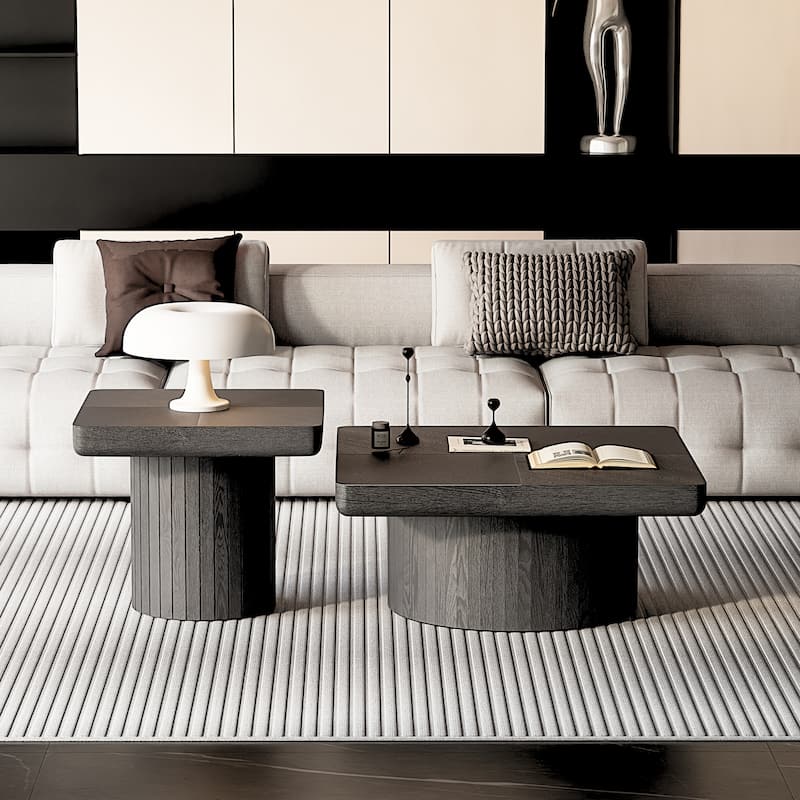 Modern Wood Coffee Table with Cylindrical & Fluted Pedestal