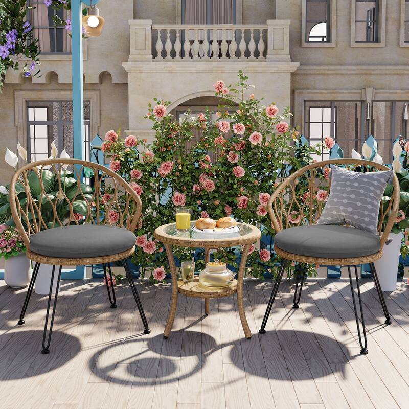 Outdoor Leisure Set, 2 Rattan Single Chairs with 1 Glass Round Table - Natural+Grey
